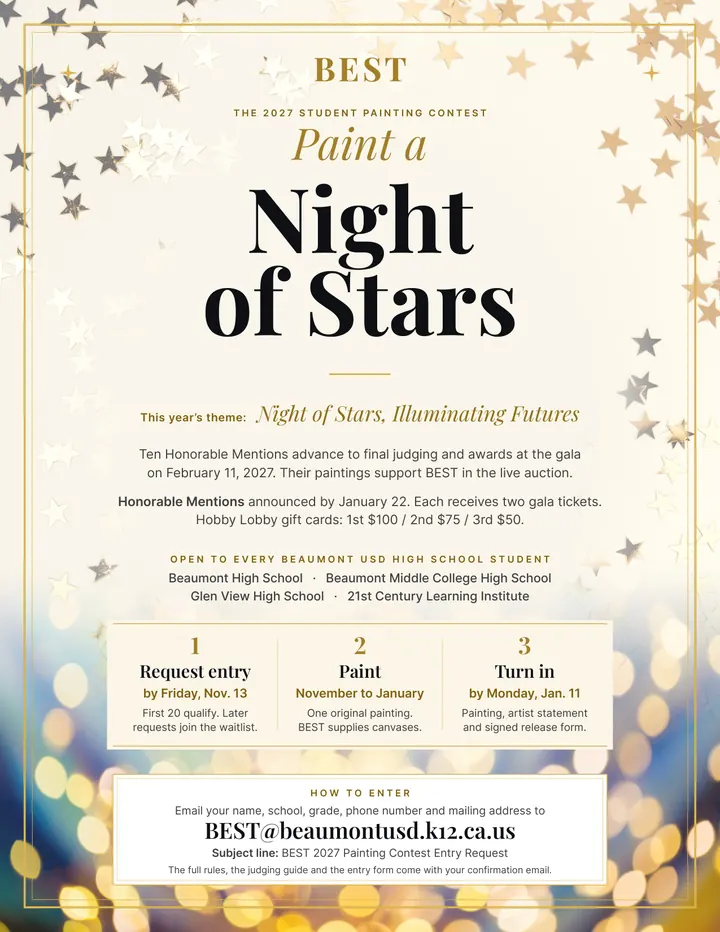 The 2027 Student Painting Contest flyer: Paint a Night of Stars, with the three steps and how to enter.